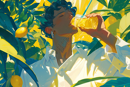 柠檬园中品尝果汁的男孩背景图片