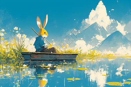 湖上的兔子湖上小船高清图片