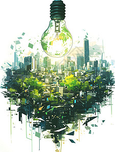 生物科技绿色自然绿能灯泡点亮城市未来插画