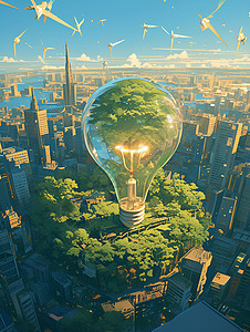 城市中一枚绿色能源灯泡插画