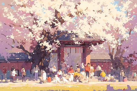 盛开樱花下的游客背景图片