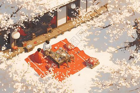 樱花树下野餐的一家人背景图片