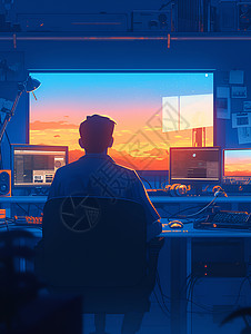 男性肾沉浸电脑工作的男人插画