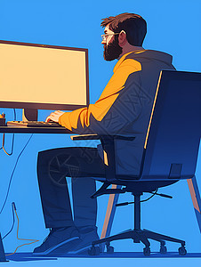 电脑男性工作的胡须男子插画