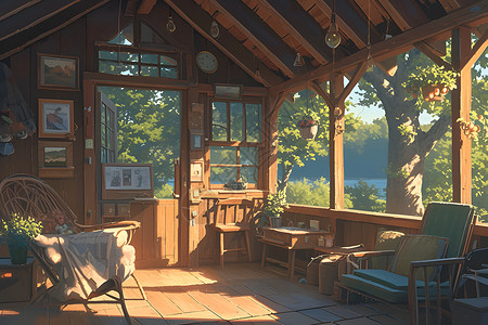 家具窗户桃树间的小木屋插画