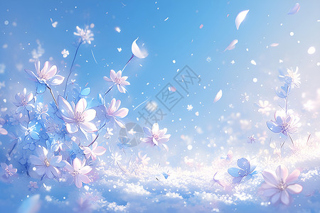 蓝天下的花朵蓝天下飞舞的花瓣插画