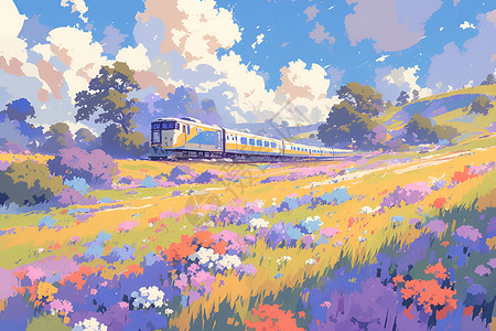 绚丽花海中的列车背景图片
