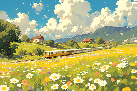 列车风景春日百花绽放的的美景插画
