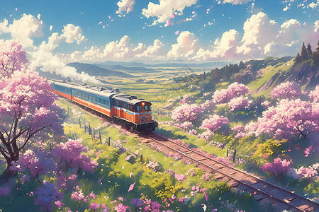 春日繁花中的火车背景图片