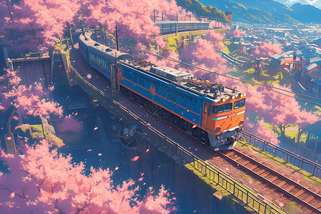 旅行和线教练列车穿行的风景线插画