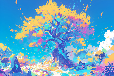 七彩树蓝天下七彩的树插画