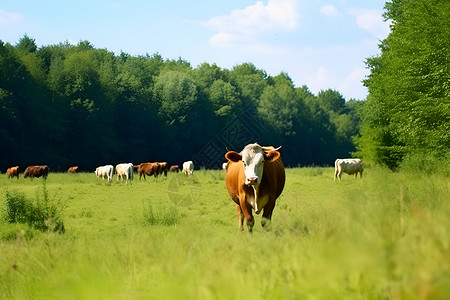 映在湖里树林牛群在草地上放牧背景