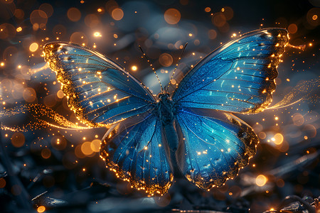 蓝色发光翅膀在舞动的蓝色蝴蝶插画