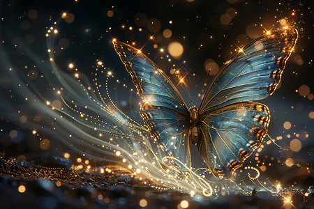 蓝色发光翅膀金线上的蓝色蝴蝶插画