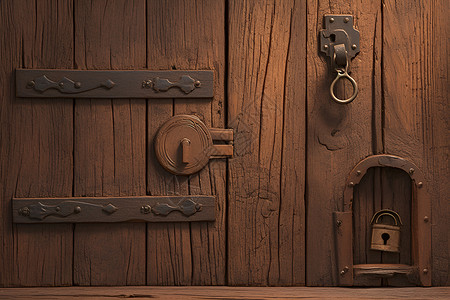 棕色花纹圆环棕色的木门和古老的锁插画