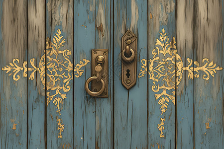古董花纹古色古香的木门与古董锁插画