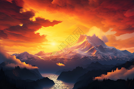 落日下的山脉河流背景图片
