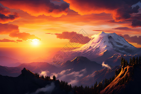阿尔卑斯雪山日落下的山脉插画