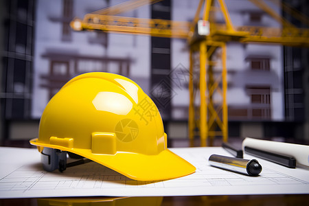 城建封面房地产工地封面设计塔吊下的黄色安全帽背景