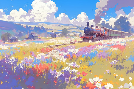 旅行列车缤纷春色中的火车插画