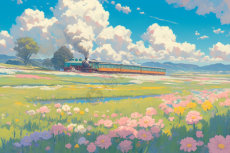旅行列车缤纷花海中的列车插画