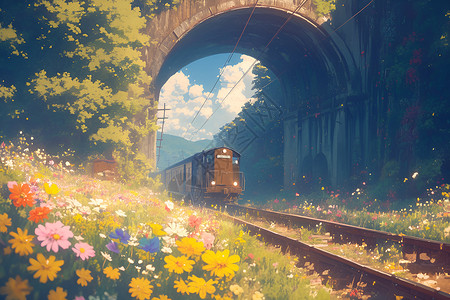 火车之旅绽放美丽之旅插画