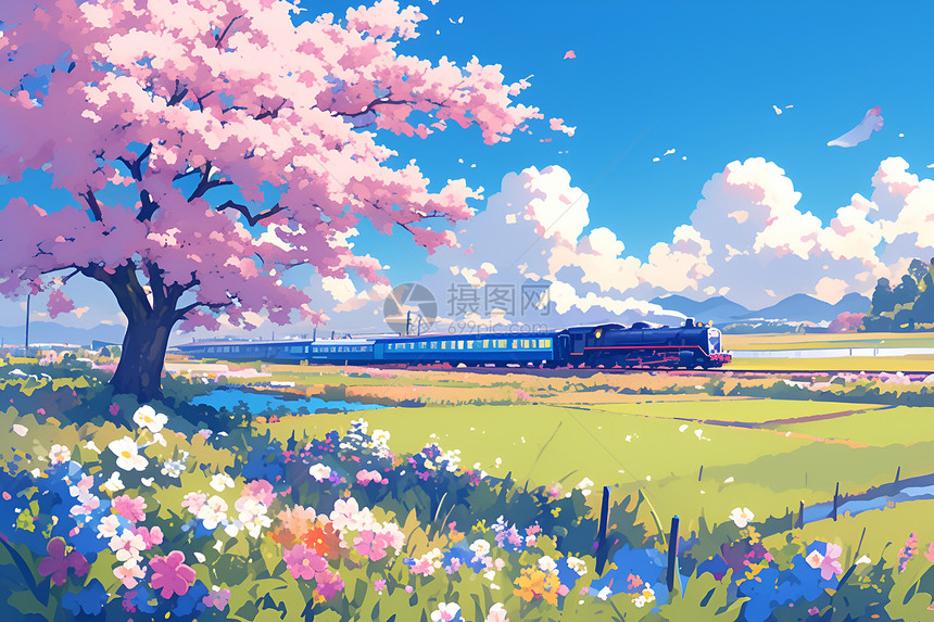 春日绚丽列车穿行花海图片