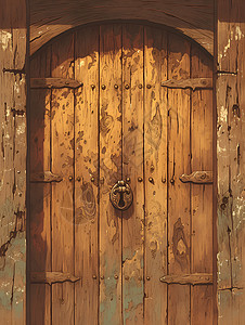 古朴花纹古朴的木门和锁插画