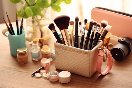 收纳盒背景桌子上的化妆工具背景