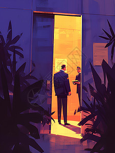 大楼内部电梯门外谈话的西装男人插画