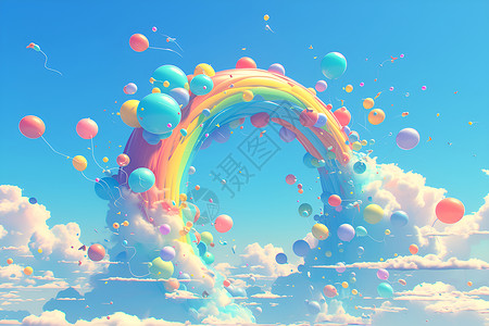 七彩梦幻边框白云上的七彩气球插画