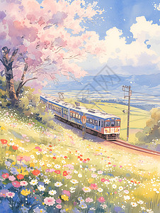 春天的列车火车穿梭在绽放的花海中插画