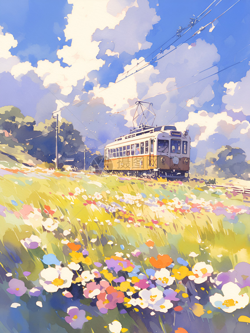 绚丽春日火车穿越花海图片