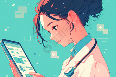 青年女医生使用电脑女医生拿着平板电脑插画