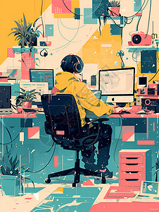 电脑前的人坐在电脑前工作的人插画