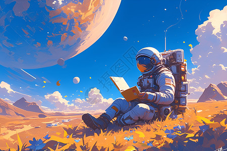 太空星系宇航员在星空中静坐阅读插画