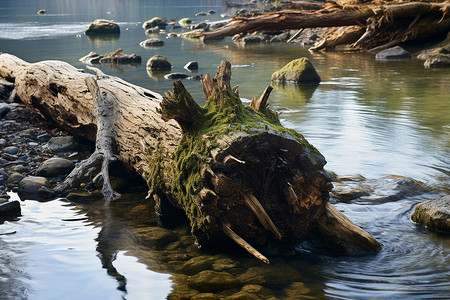 河流中的一棵倒下的树木高清图片