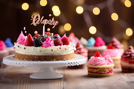 蓝莓草莓树莓美味的生日蛋糕背景