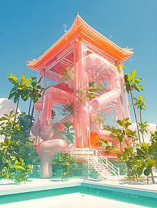 粉色充气结构下的建筑插画