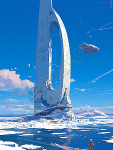 冰上陀螺白色方尖碑的飞船插画