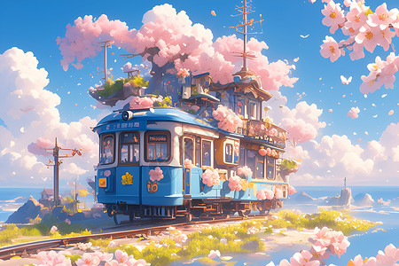 粉色列车穿越海岸背景图片
