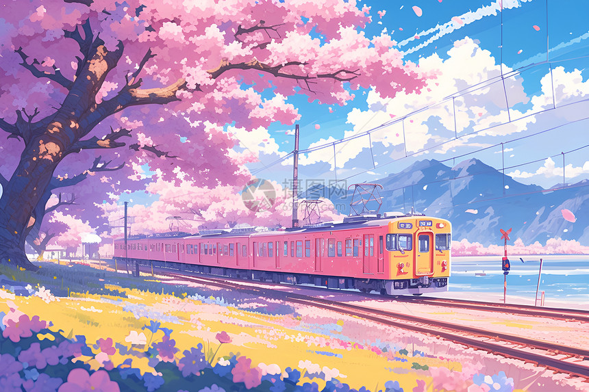 火车穿越樱花树丛图片
