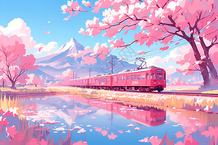 火车穿梭樱花树间背景图片
