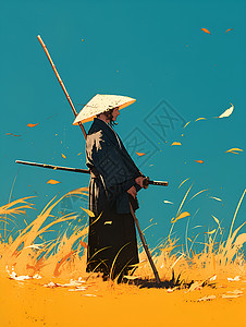 竹帽戴着草帽的男子插画