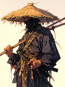 竹帽戴着草帽的男子插画