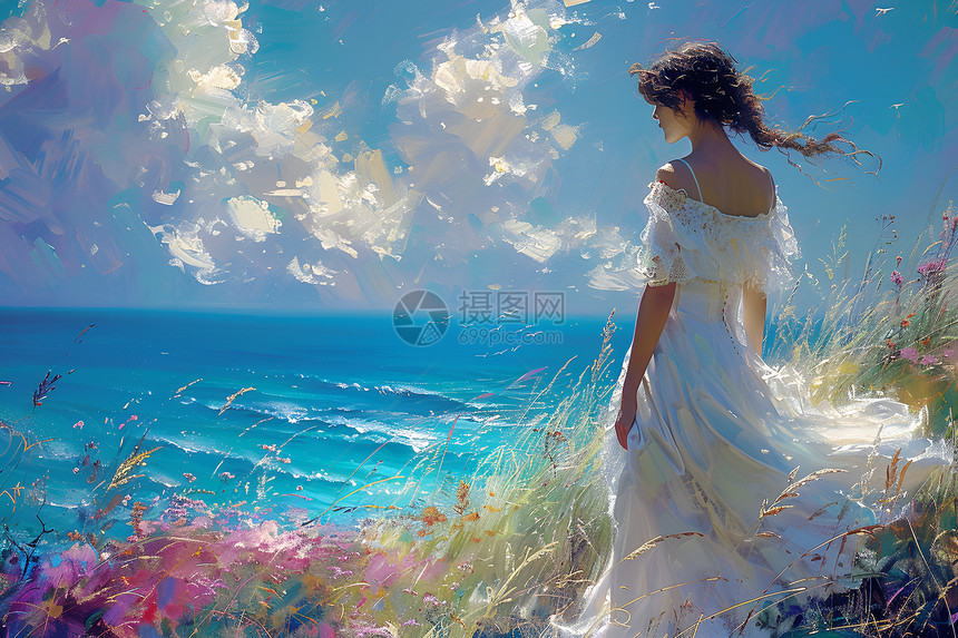 优雅的白裙少女站在海边图片