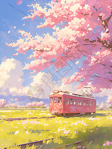 火车穿梭在樱花间背景图片