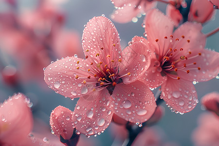 梦幻粉色云朵美丽花朵上的水珠背景
