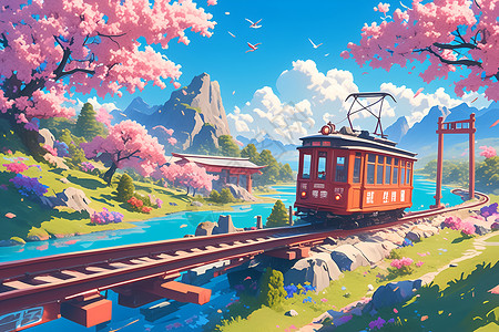 粉色火车穿梭于春日花海中背景图片