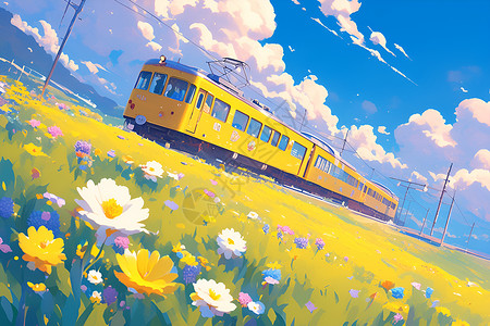 黄色的花海报黄色火车穿越在春日的花海插画